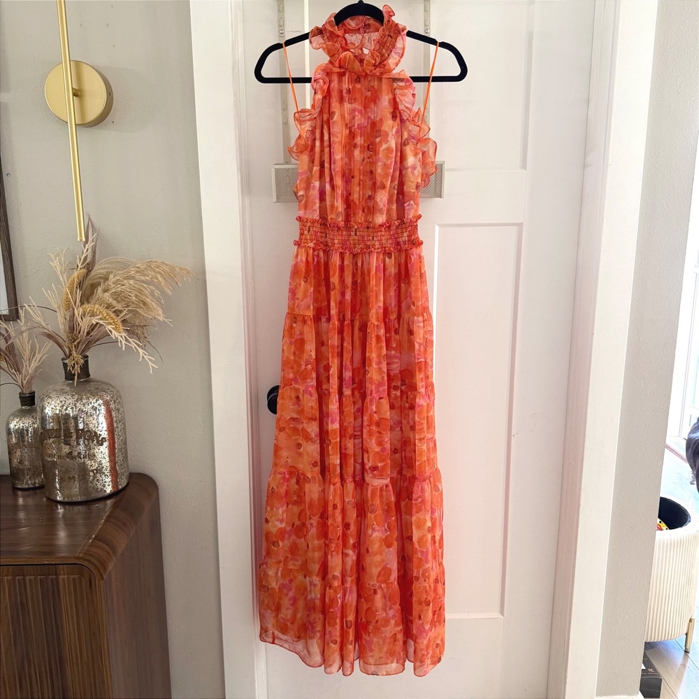 PatBO Myosotis Halterneck Flutter Gown Orange Floral Maxi Dress 6 Open Back Gala
